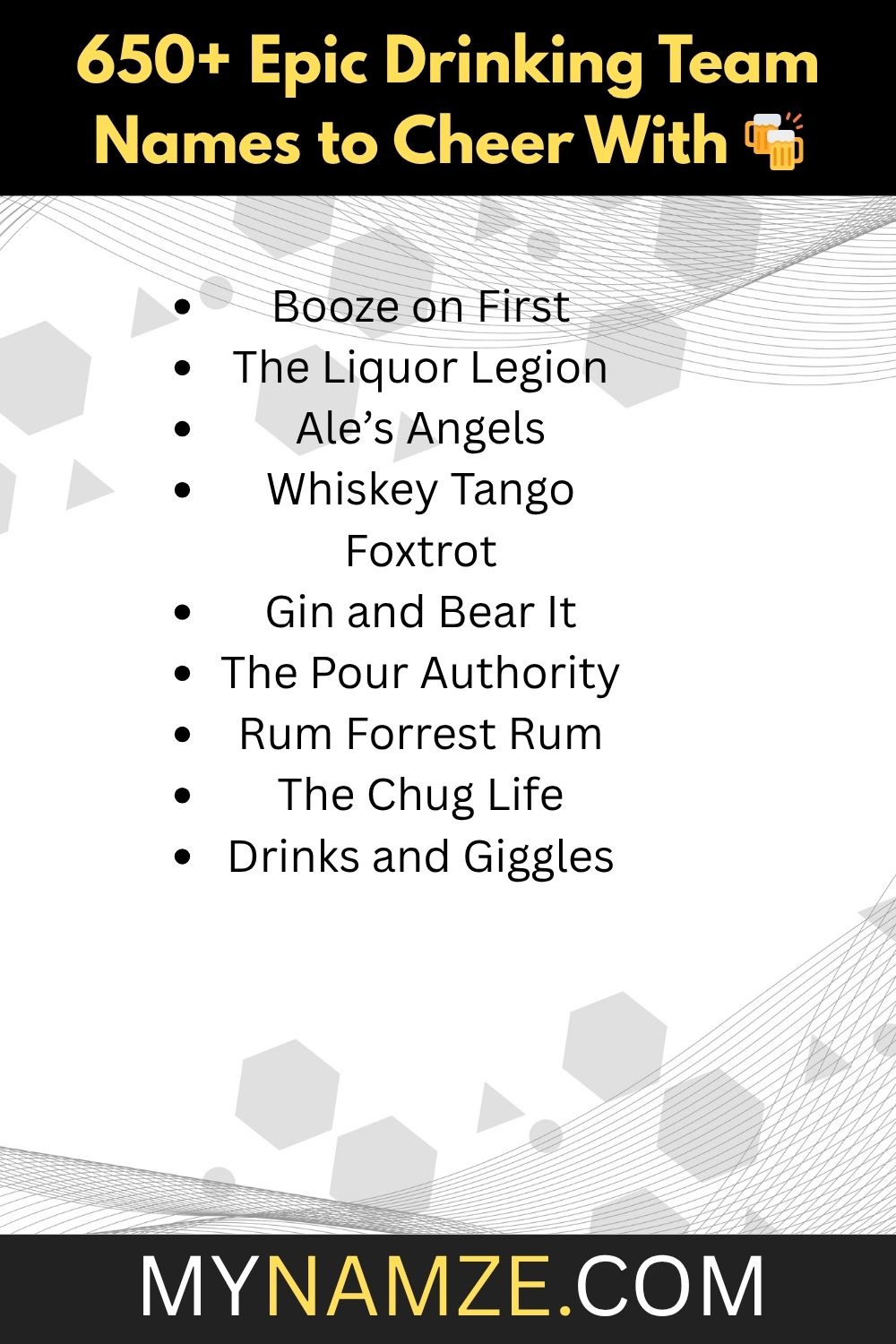 Booze on First The Liquor Legion Ale’s Angels Whiskey Tango Foxtrot Gin and Bear It The Pour Authority Rum Forrest Rum The Chug Life Drinks and Giggles